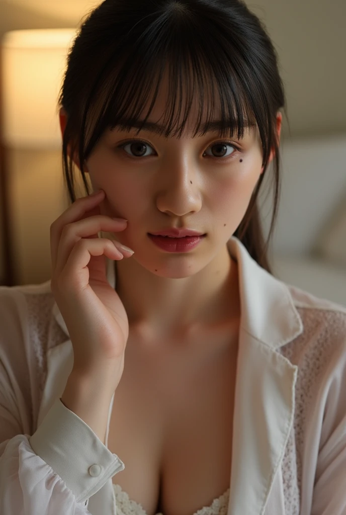 (best quality, 4K, 8k, highres, masterpiece:1.2), ultra-detailed, (realistic, photorealistic, photo-realistic:1.37), hyper detailed, extremely detailed, intricate details, sharp focus, physically-based rendering, professional, vivid colors, studio lighting、Japanese High School Girl、Natural Makeup、(Hair Color:Random)、middlehair、Inward curl、White shirt、Open shirt、Emphasize cleavage、side boob、under boob、flat breasts