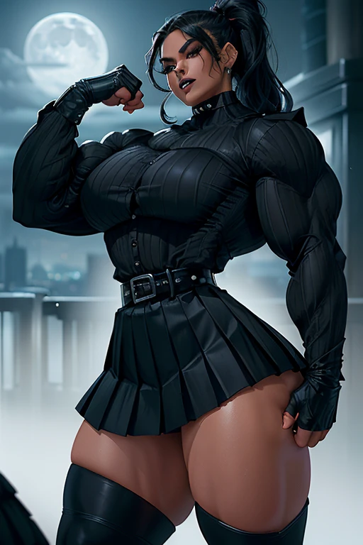 ((Close-up)), tall, (black hair) beautiful muscular woman, long straight hair, light brown skinned, closed smile, (black lipstick), (massive muscles), (hyper muscle), (ginormous bulky muscles), orange eyes, ((long sleeve black pleated shirt)), ((long black pleated skirt)), (sitting on a ledge), necktie, boots, (on a raining rooftop),
