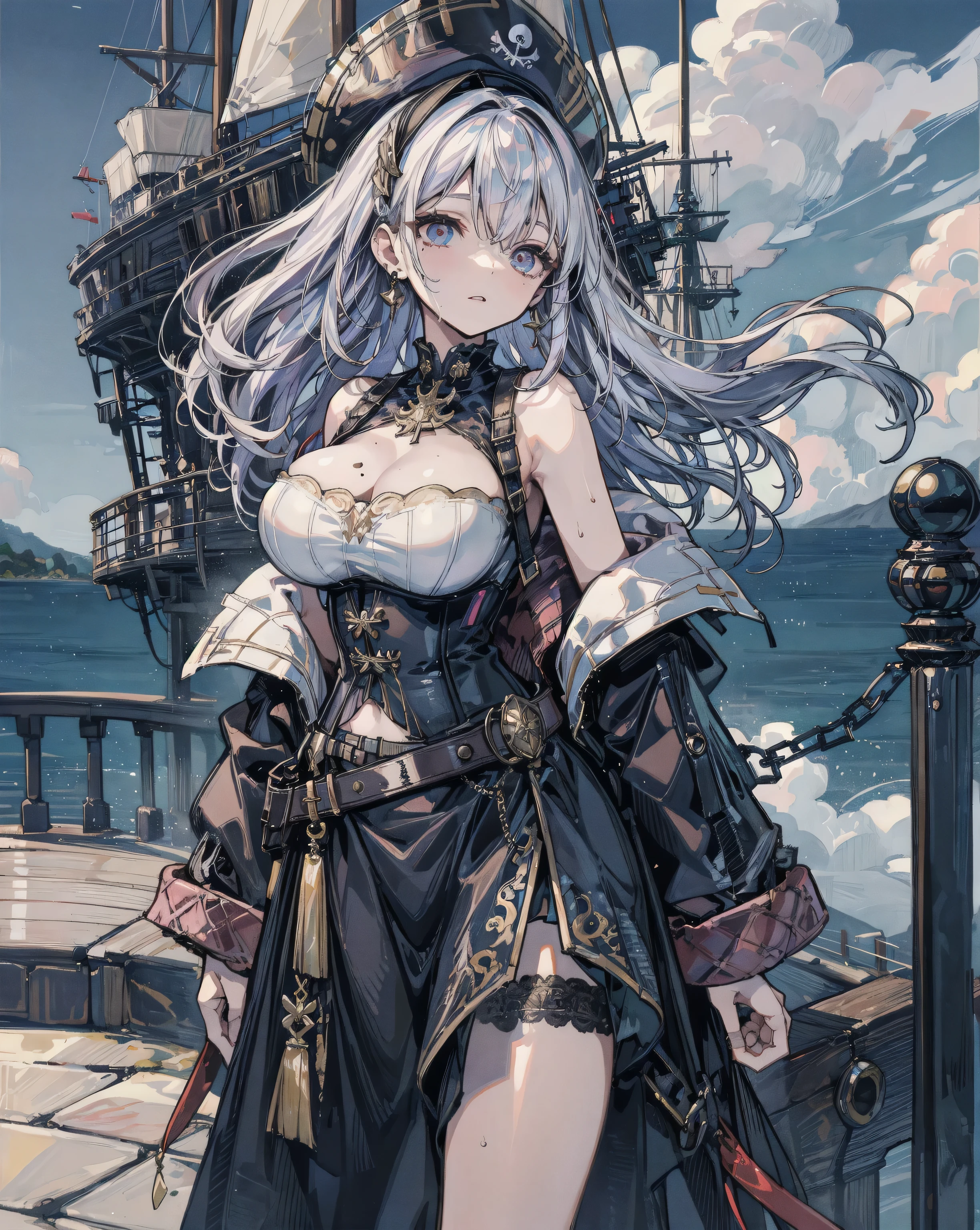 masterpiece, best quality, ultra detailed, beautiful illustration), (oil painting:1.4), atmospheric perspective, (adventure atmosphere, elaborate atmosphere:1.4), depth of field, looking at viewer, beautiful detailed eyes, 1girl, (cowboy shot), sexy pose, dynamic angle, (sexy smile:1.5), mature woman, (huge breasts:1.5), (outdoors:1.5, wooden ship:1.5, blue sky:1.5, clouds:1.5), jeane_s4, high ponytail, white hair, o-ring top, white top, cleavage cutout, pelvic curtain, strap, belt, gloves, high heel boots, choker, hoop earrings, strap armlet, <lora:Suikoden_Jeane:0.9>