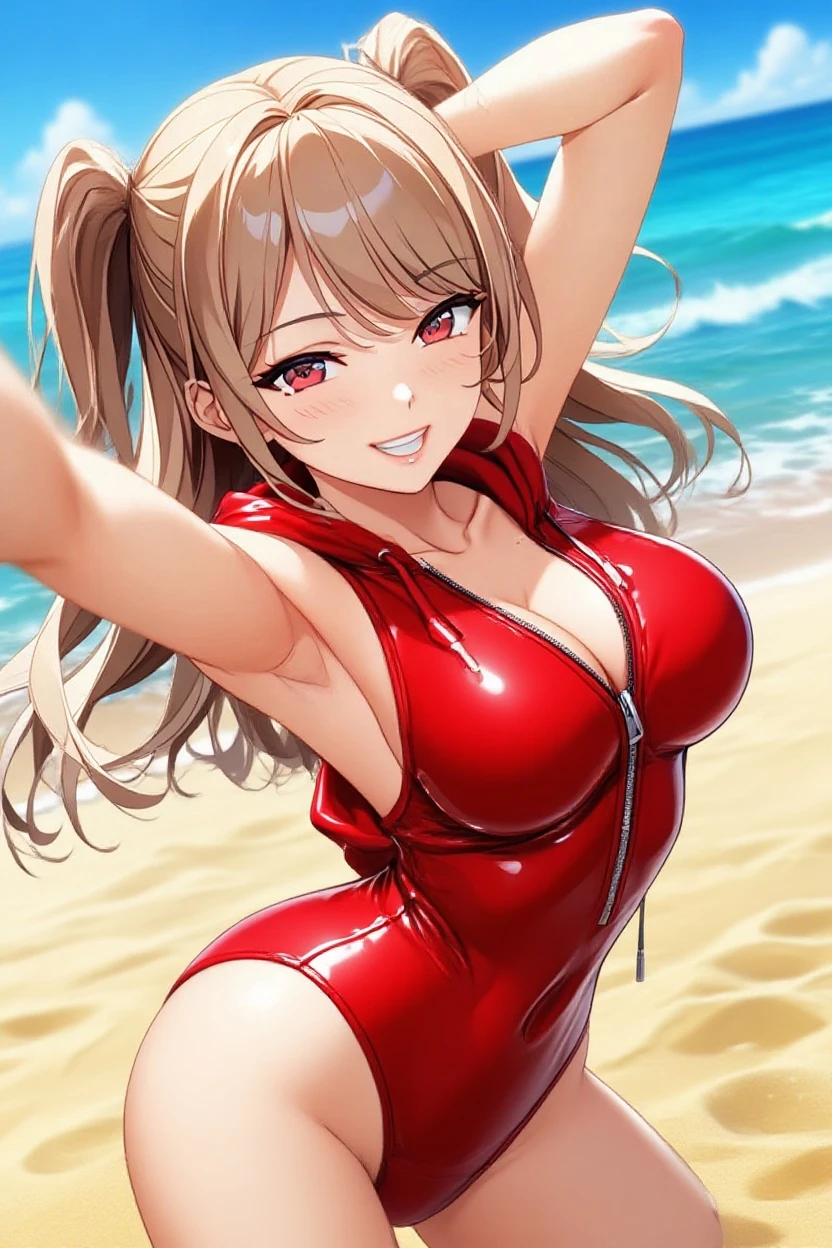(naked:1),(wet_red dress:1.1),Asuna,light smile,sexy,wet_hair, best quality, bouncing breast ,