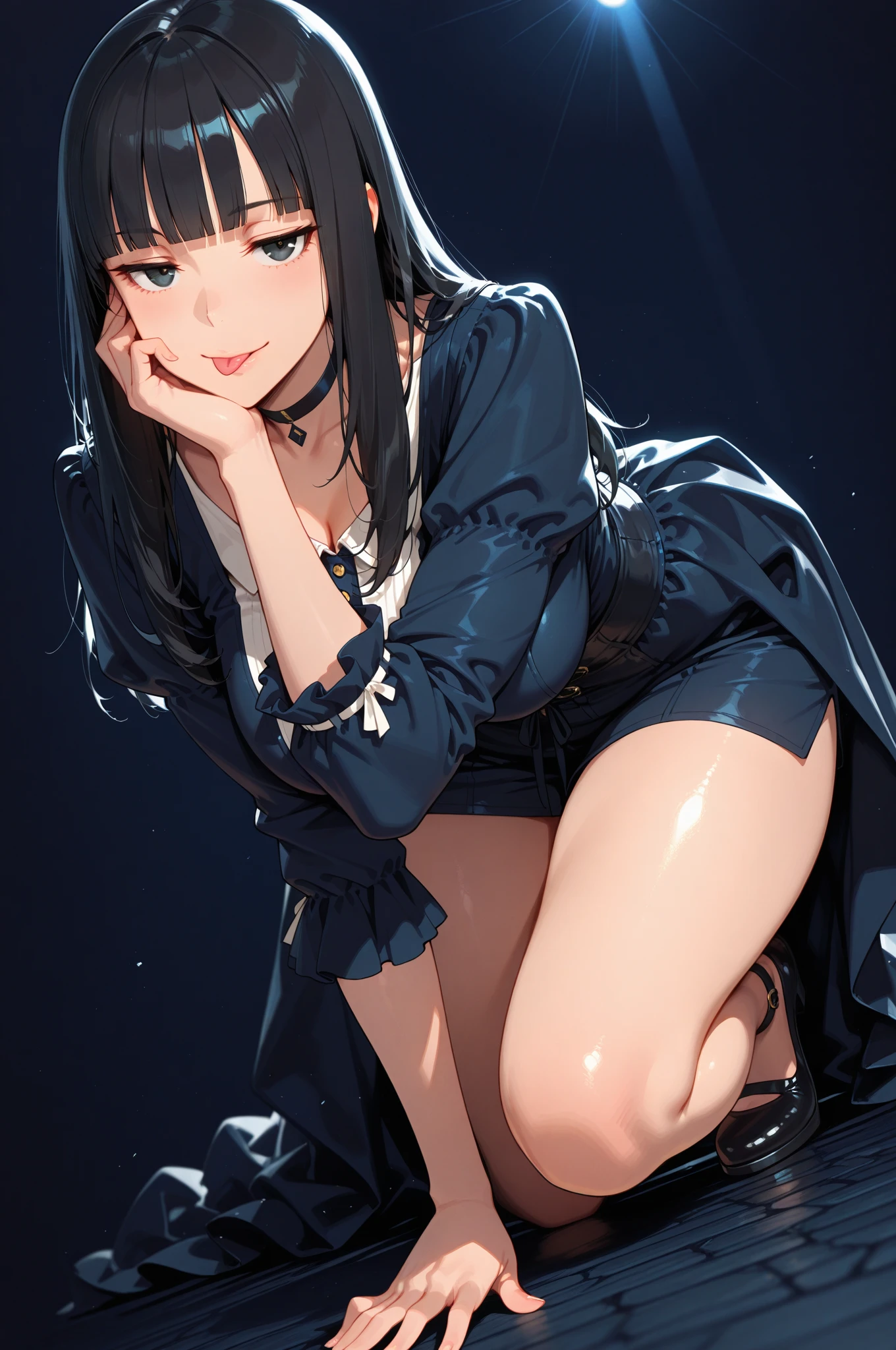 absurdres, RAW photo, extremely delicate and beautiful, masterpiece, Best Quality, ultra high resolution, 32k, hyperrealistic, ultra-detailed, perfect anatomy, super Detailed skin, Super Beauty, perfect figure, Perfect Style, Perfect balance, in her 20s, very small head, very small face, delicate facial features, tearful mole, earring, very huge breasts, bare legs, full body shot, medium hair, black hair, school_uniform,