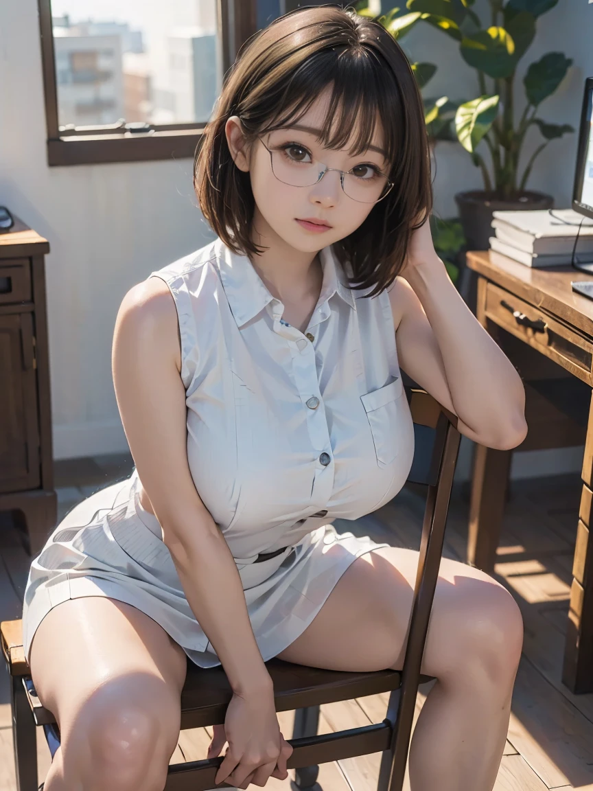 Beautiful lawyer、(Solo, 28 instars、Beautiful face with symmetry、Happy、Beautiful teeth、Intense highlighting of the eyes、lipgloss、masutepiece、top-quality、Top image quality、hyperdetailed face、Detailed lips、A detailed eye、二重まぶた、Detailed shiny hair brunette short bob hair, blazers、White dress shirts、Tight micro mini skirt)、Read at her desk、In An empty library、(Glamorous body)、(Colossal tits)、cleavage of the breast、perfect hand, Perfect fingers, perfect chest, Perfect fit, perfect bodies, face perfect, Perfect image realism, 细致背景, detailed costume, maikurobikini、Shirt unbuttoned、Lewd librarian、Hyper-Realism、Photorealsitic、unrealengine、8K maximum resolution, (​masterpiece), ighly detailed, Professional、（Perfect Anatomy、White attire）、