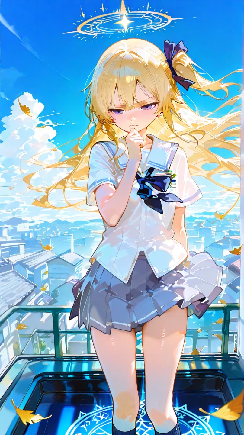 A 13 year old girl with blond hair, turquoise eyes, large breasts, a short ponytail and a black bow tied in the back.  wearing a white shirt and blue jeans in the rain
