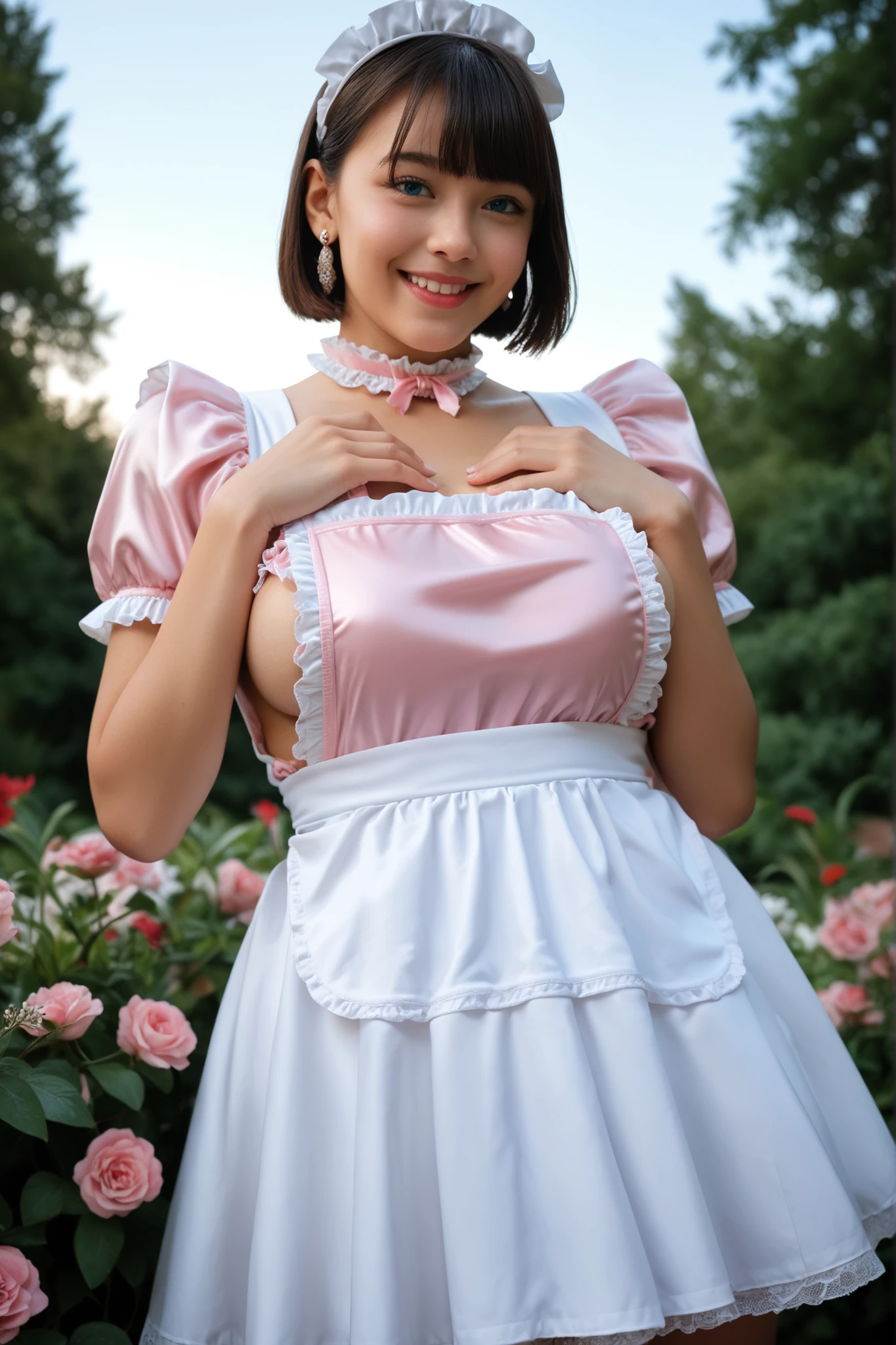 Score_9, Score_8_up, Score_7_up, Score_6_up, Score_5_up, Score_4_up, Source_real, Tag1, Tag2, Anatomically correct, realistic, 1 woman, 23 years old woman, beautiful woman, Highly detailed beautiful face and eyes, blue eyes, blonde hair, Detailed skin, (natural saggy big breast:1.3), big ass, thick thighs, wide hips, curvy, (oiled body:1.0), smile, (short hair with bangs), (tanned skin:1.2), (Cute French maid outfit, white maid headdress, pink shirt, pink skirt, white frill apron, pink ruffled choker, earrings), hands on chest, (Please take a picture from below:1.1), Summer season atmosphere, sunset, The background is the castle, Being in the flower garden,