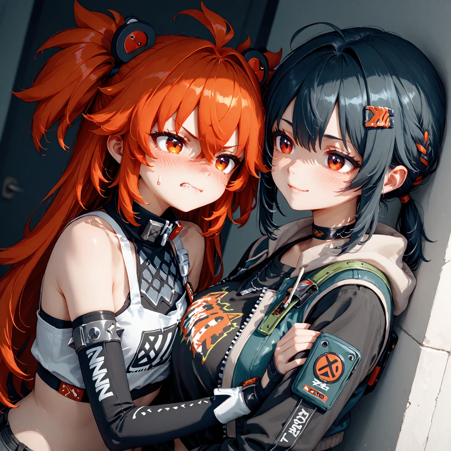hatsune miku, red hair, psychopath face, blood, cat ears