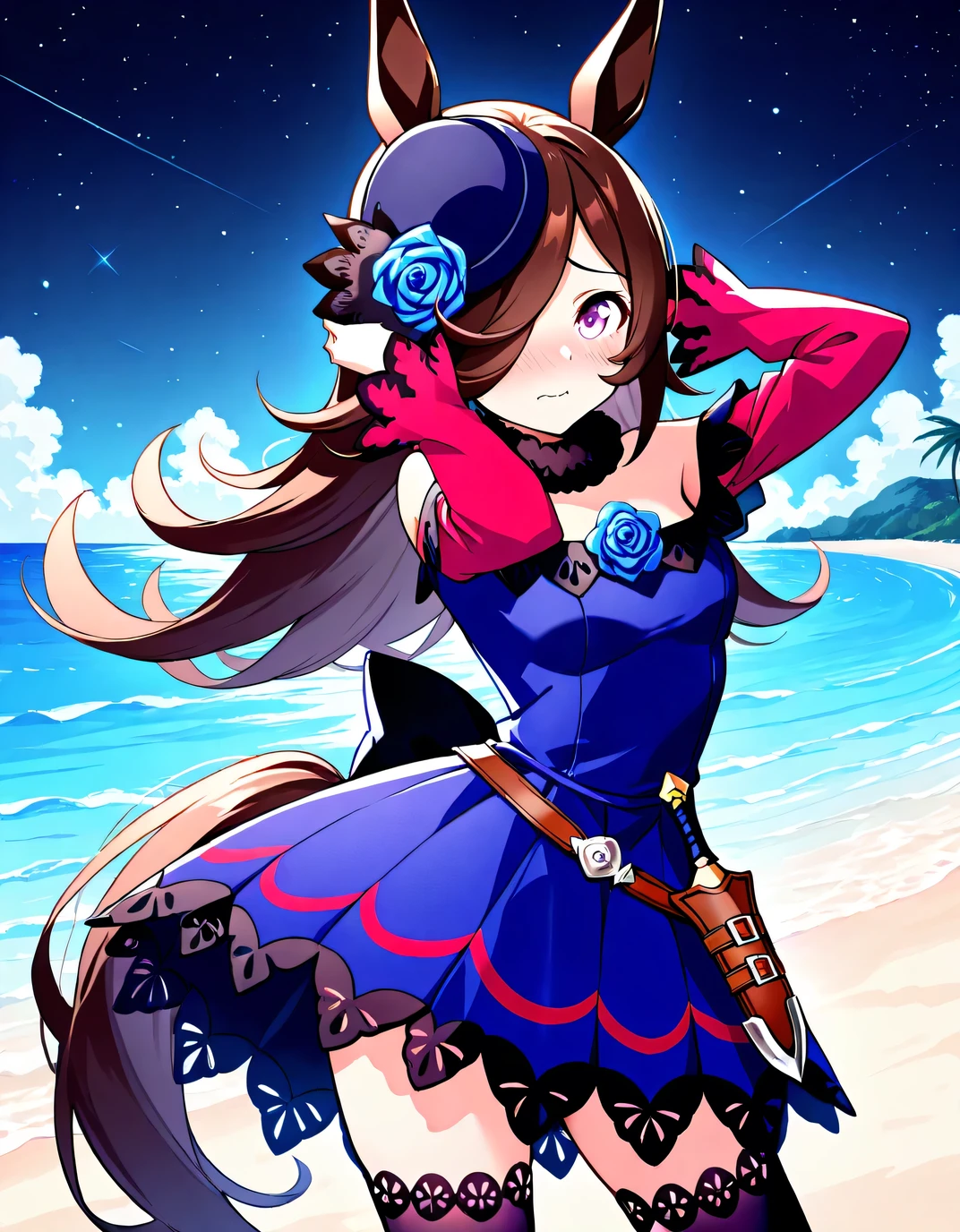 aarice, animal ears, horse tail, purple eyes, brown hair, hair over one eye, blue headwear, hat flower, tilted headwear, fur collar, blue dress, off-shoulder dress, blue rose, red sleeves, dagger, black thighhighs, high quality, solo, cowboy shot, (contrapposto), (hands behind head), closed mouth, night sky, beach, looking at viewer, wavy mouth, shy, best quality