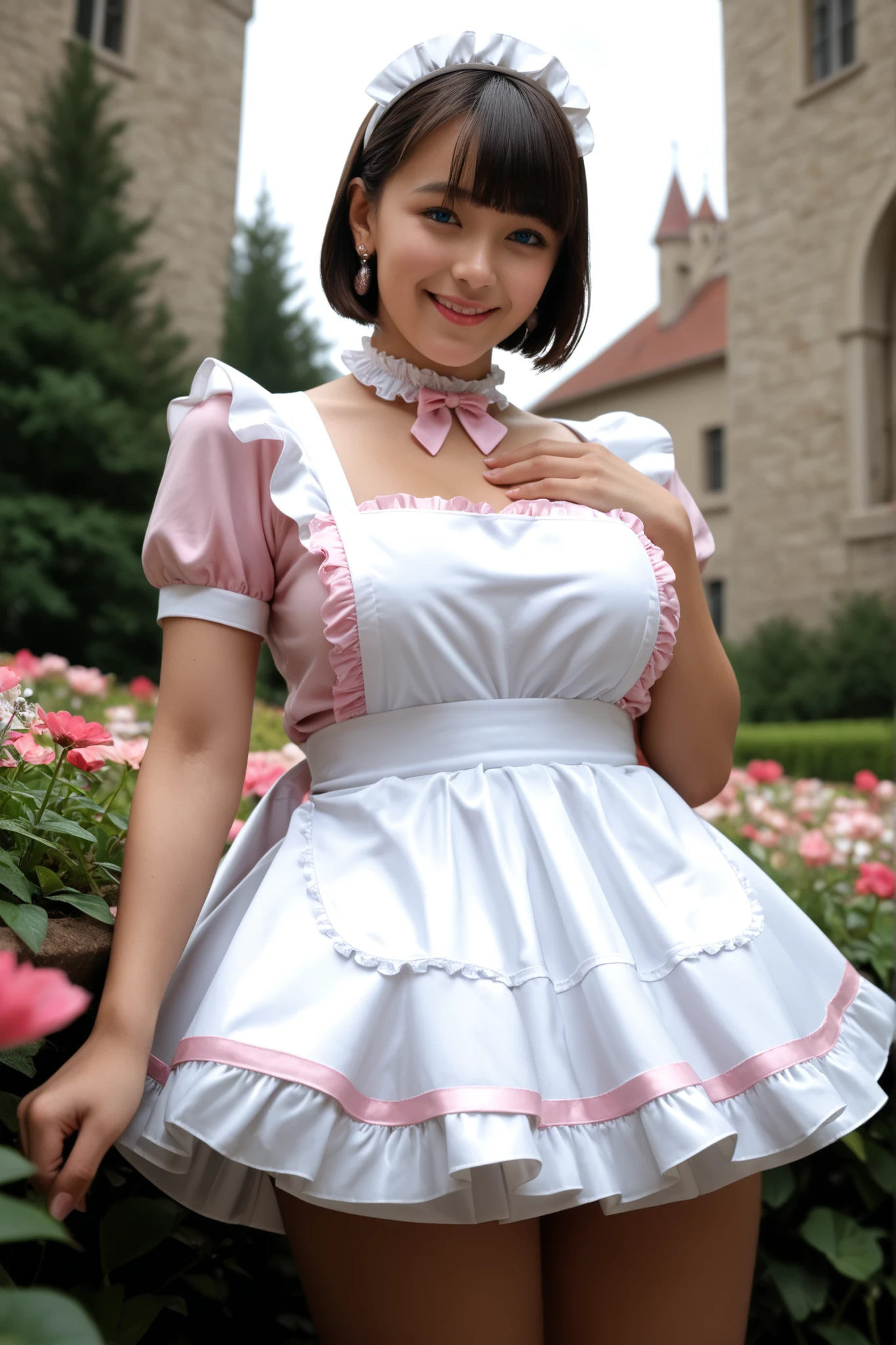 Score_9, Score_8_up, Score_7_up, Score_6_up, Score_5_up, Score_4_up, Source_real, Tag1, Tag2, Anatomically correct, realistic, 1 woman, 23 years old woman, beautiful woman, Highly detailed beautiful face and eyes, blue eyes, blonde hair, Detailed skin, (natural saggy big breast:1.3), big ass, thick thighs, wide hips, curvy, (oiled body:1.0), smile, (short hair with bangs), (tanned skin:1.2), (Cute French maid outfit, white maid headdress, pink shirt, pink skirt, white frill apron, pink ruffled choker, earrings), hands on chest, (Please take a picture from below:1.1), Summer season atmosphere, sunset, The background is the castle, Being in the flower garden,