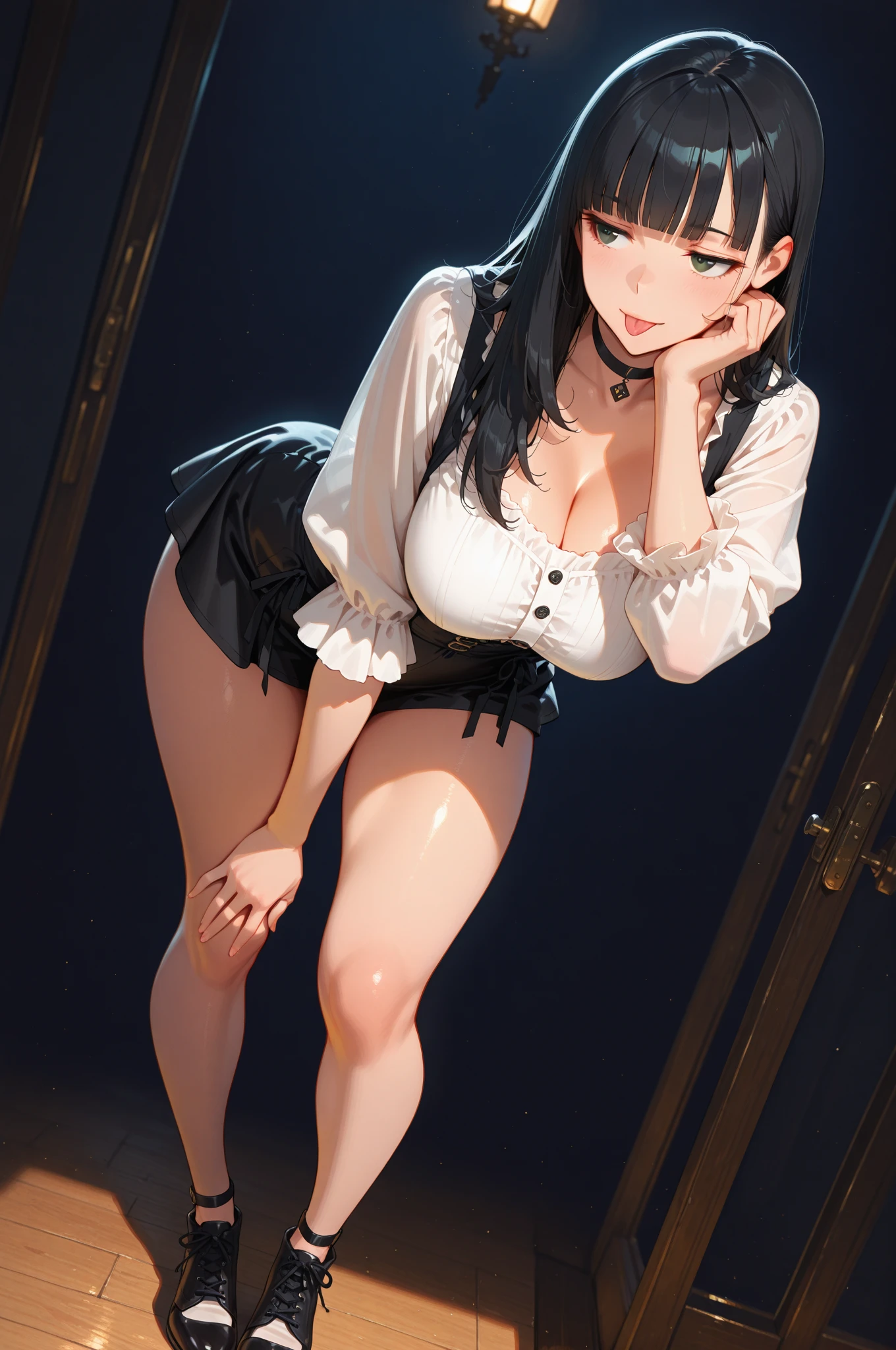 (Angle from below), Masterpiece、Highest quality、Highest quality, (long and thin legs, shoes:1.2), squat、Spread your legs with both hands、1 girl, (smile、Open your mouth大笑い:1.2), Cute eyes, (Detailed face:1.3)、Open your mouth, The whole face turns red, alone, Oversized breasts, Big and ample breasts, (Straight bangs), White maid outfit、(Bust only super micro bikini:1.2)、Side bust、Underbust、belly button、Walking through the mansion'corridor、nsfw、shoes下