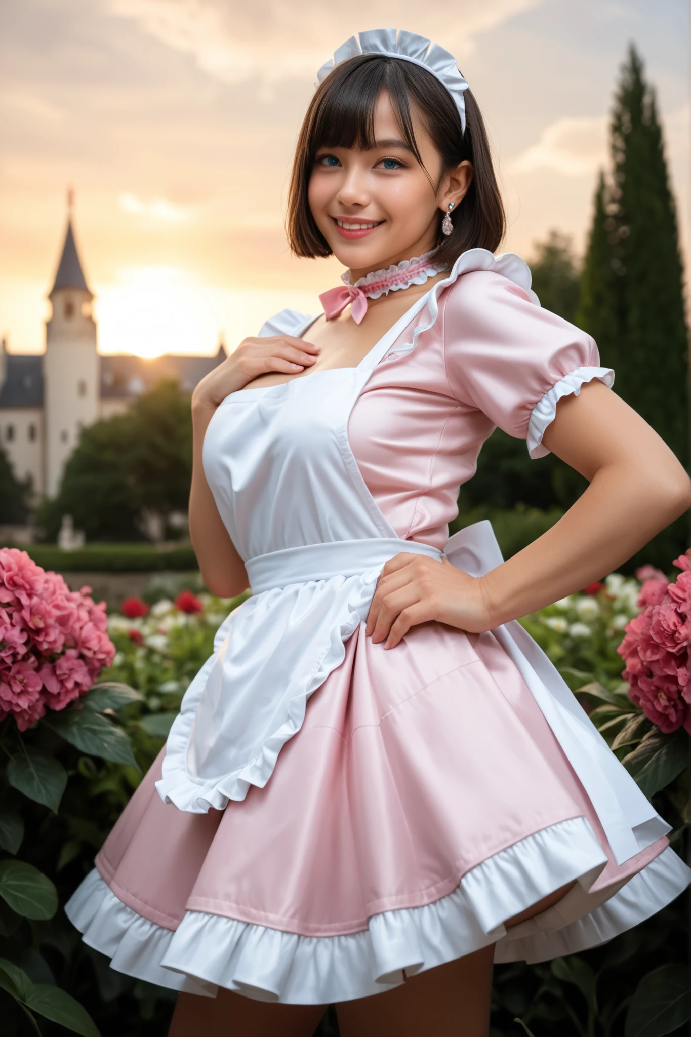 Score_9, Score_8_up, Score_7_up, Score_6_up, Score_5_up, Score_4_up, Source_real, Tag1, Tag2, Anatomically correct, realistic, 1 woman, 23 years old woman, beautiful woman, Highly detailed beautiful face and eyes, blue eyes, blonde hair, Detailed skin, (natural saggy big breast:1.3), big ass, thick thighs, wide hips, curvy, (oiled body:1.0), smile, (short hair with bangs), (tanned skin:1.2), (Cute French maid outfit, white maid headdress, pink shirt, pink skirt, white frill apron, pink ruffled choker, earrings), backshot, looking back, from behind, hands on chest, one hand on hip, (Please take a picture from below:1.1), Summer season atmosphere, sunset, The background is the castle, Being in the flower garden,