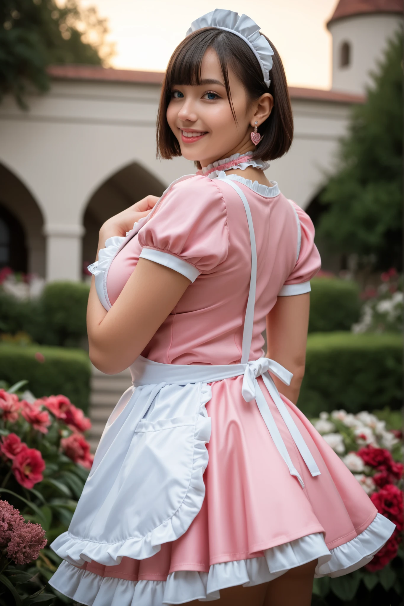 Score_9, Score_8_up, Score_7_up, Score_6_up, Score_5_up, Score_4_up, Source_real, Tag1, Tag2, Anatomically correct, realistic, 1 woman, 23 years old woman, beautiful woman, Highly detailed beautiful face and eyes, blue eyes, blonde hair, Detailed skin, (natural saggy big breast:1.3), big ass, thick thighs, wide hips, curvy, (oiled body:1.0), smile, (short hair with bangs), (tanned skin:1.2), (Cute French maid outfit, white maid headdress, pink shirt, pink skirt, white frill apron, pink ruffled choker, earrings), backshot, looking back, from behind, hands on chest, one hand on hip, (Please take a picture from below:1.1), Summer season atmosphere, sunset, The background is the castle, Being in the flower garden,