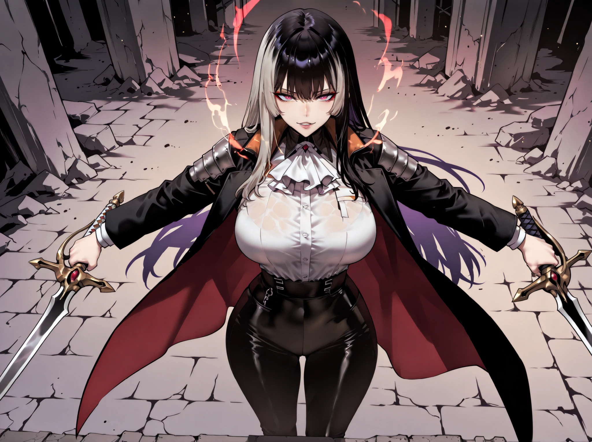 taken from above、caveの中、Hunter、Ruins、Attach a、black suit、Attach a、sword、Japanese sword、、black longsuit、 black long jacket、ゴスロリなshirt、Depressed、Tall Woman、A woman in her thirties、 Alassah's woman、Steins;Gate、 black longsuit 、score_9, score_8_up, score_7_up, Source_anime,masterpiece、No expression、no makeup、top quality,beautifully detailed eyes in a logistics warehouse, Exquisite Eyes、A sophisticated eye、highly detailed eyes and face,unmotivated expression、lethargic face、 long breasts, Black Jacketを羽織る、Black Jacket、shirt, big saggy breasts, shockingly big breasts, big breasts,big boobs、boobs 、Zitoida, makeup、no makeup、long hair、smooth straight hair、black slacks、tall woman、Tall Woman、plump thighs, parted lips、 shining eyes,(Fire Aura Onkown),dungeon内、Crimson Eyes、long hair、dark haired、黒い髪、long straight hair、dungeon、cave、Ruins、solo、swordを持っている、soloプレイヤー、red aura、 Crimson Aura 、zone、sword、大sword、Japanese sword、Sword、ゴツいsword、厳ついsword、Buster Sword、大Sword、Wide ass、beautiful butt、and stick your butt into the focus of your butt、long boots、Shoulder Armor、Fearless Laugh、strong、Is confident、suit pants、黒いlong pants、Black Skinny、long pants、Dynamic、Satu、fight、Satu狂、俺だけレベルupな件、arrogant、 Confidence々The smile 、bewitching smile、Sadist、Extreme sadism、Satu中、hunting、hunting