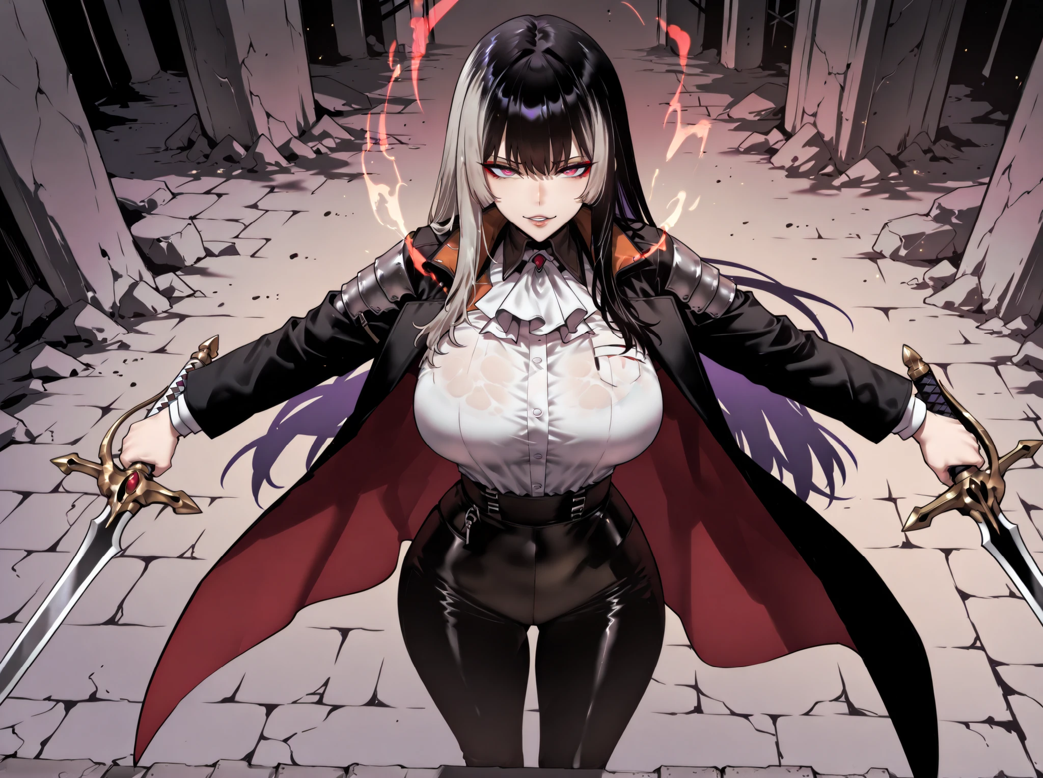 taken from above、caveの中、Hunter、Ruins、Attach a、black suit、Attach a、sword、Japanese sword、、black longsuit、 black long jacket、ゴスロリなshirt、Depressed、Tall Woman、A woman in her thirties、 Alassah's woman、Steins;Gate、 black longsuit 、score_9, score_8_up, score_7_up, Source_anime,masterpiece、No expression、no makeup、top quality,beautifully detailed eyes in a logistics warehouse, Exquisite Eyes、A sophisticated eye、highly detailed eyes and face,unmotivated expression、lethargic face、 long breasts, Black Jacketを羽織る、Black Jacket、shirt, big saggy breasts, shockingly big breasts, big breasts,big boobs、boobs 、Zitoida, makeup、no makeup、long hair、smooth straight hair、black slacks、tall woman、Tall Woman、plump thighs, parted lips、 shining eyes,(Fire Aura Onkown),dungeon内、Crimson Eyes、long hair、dark haired、黒い髪、long straight hair、dungeon、cave、Ruins、solo、swordを持っている、soloプレイヤー、red aura、 Crimson Aura 、zone、sword、大sword、Japanese sword、Sword、ゴツいsword、厳ついsword、Buster Sword、大Sword、Wide ass、beautiful butt、and stick your butt into the focus of your butt、long boots、Shoulder Armor、Fearless Laugh、strong、Is confident、suit pants、黒いlong pants、Black Skinny、long pants、Dynamic、Satu、fight、Satu狂、俺だけレベルupな件、arrogant、 Confidence々The smile 、bewitching smile、Sadist、Extreme sadism、Satu中、hunting、hunting