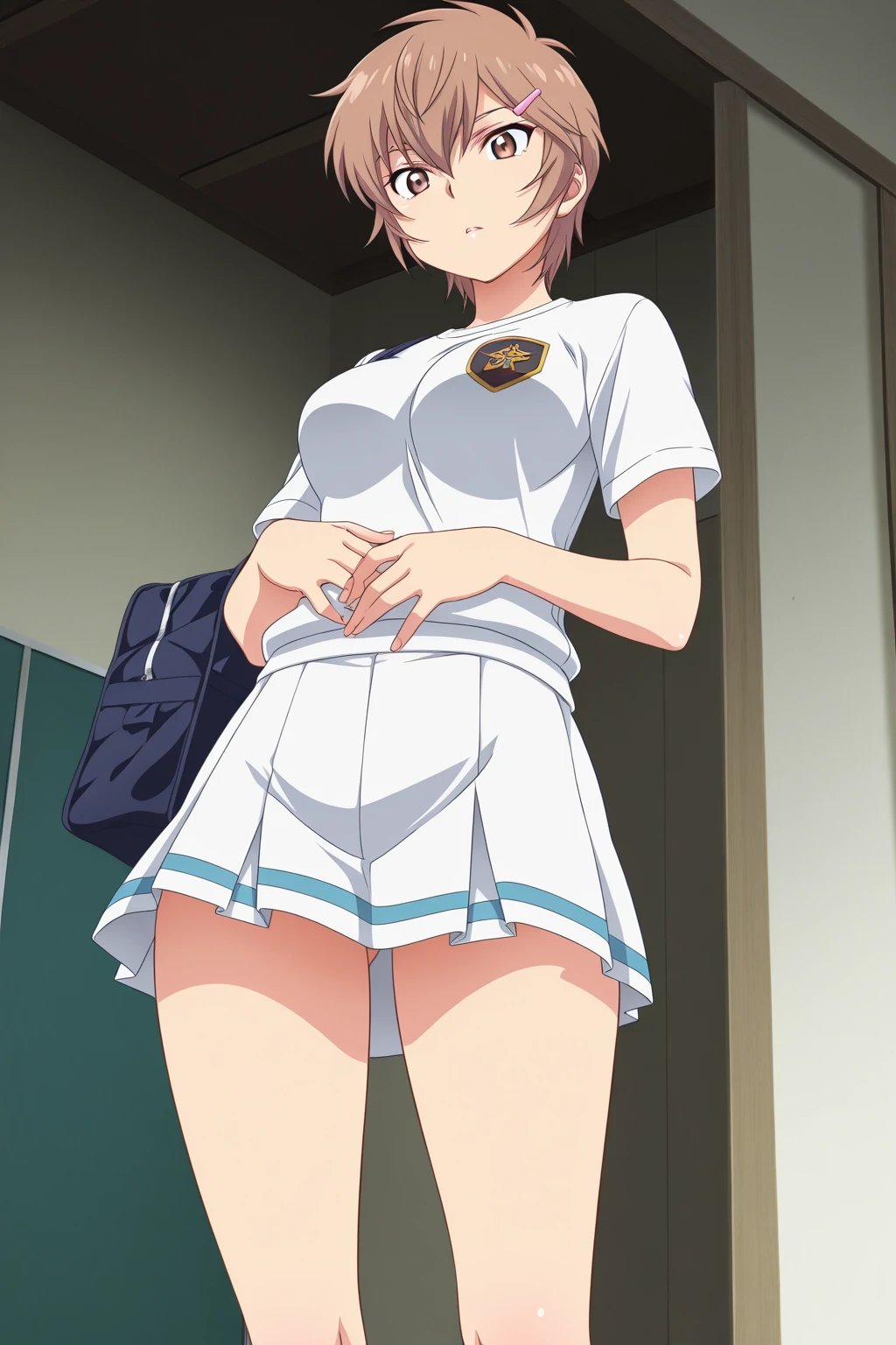 ((Table t○p, highest quality, Hi-Res Lucifer,Anime Screen Capture、Pixel perfect, 8k)))、nsfw、Perfect Anatomy、Female police officer、(((low length、Small breasts、Wide Hips、Wide hips、Thick thighs、Hands on Hips)))、(((Short Hair、Wavy Hair)))、Police Hat、(((シャツО、Skirt flipped up by the wind、light blue sleeveless shirt、Navy Blue Pencil Skirt、White Panties、ホワイトスポーツブラ)))、Sweat, vapor,(Orange Eyes)、((Pink Hair))、((((驚いた、:o、blush))))、(In town)