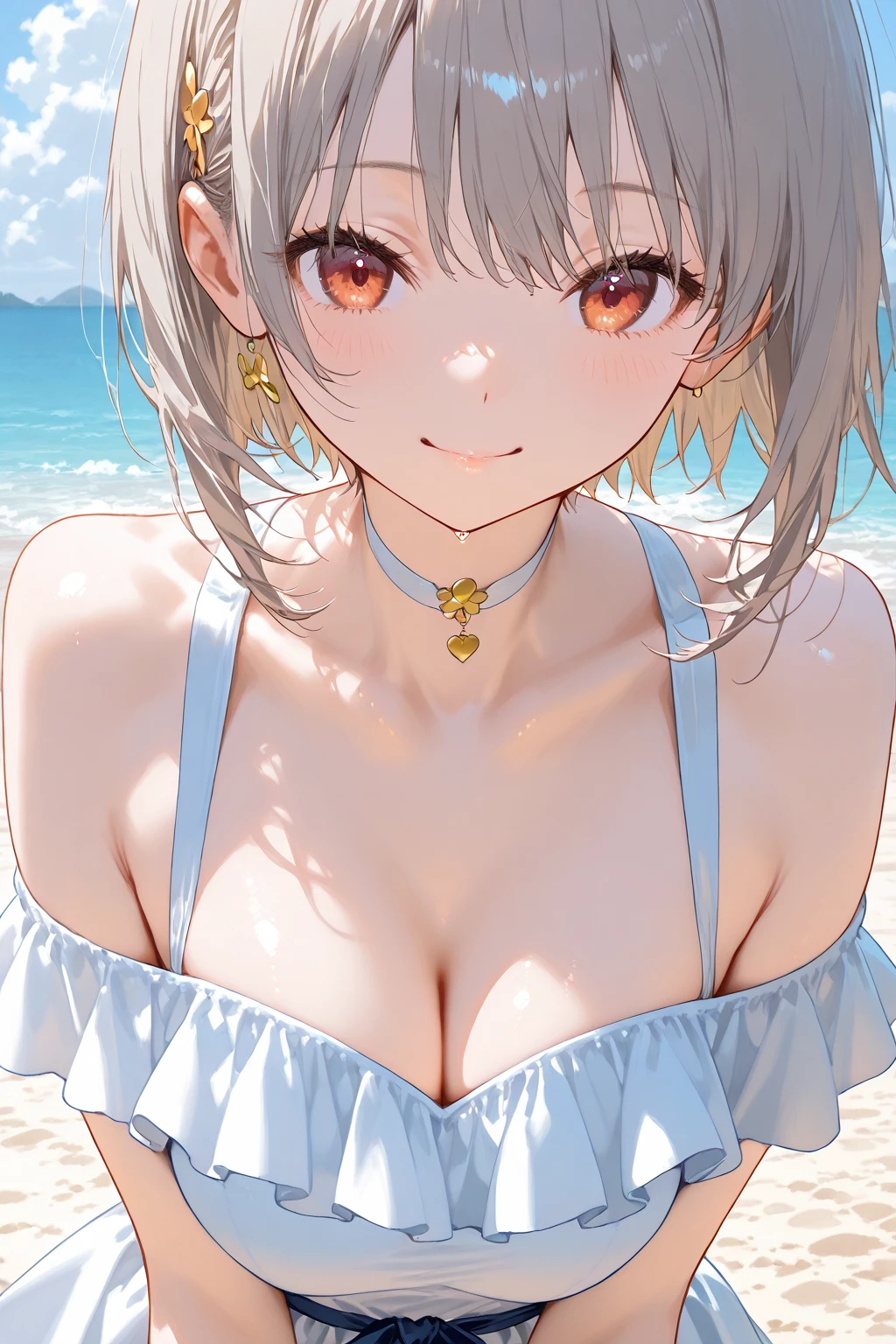 masterpiece,highest quality, Very detailed, High resolution, expensive resolution, High resolution, 4K, 8k, unity 8k wallpaper, Very detailed CG, masterpiece, 2D, 3D, Beautiful details, depth, Fine texture , highest quality: 1.3, Fully focused, Crispy.skin, .he,
Very cute anime girl 、Bikini、Large Breasts、Pink medium-long hair wearing expensive , One Girl、Palm tree、Seaside, Mole under the eye, looking at the viewer , expensive , blush, Mole, Lips parted, Hibiscus hair accessory, heart, Pink Eyes, choker