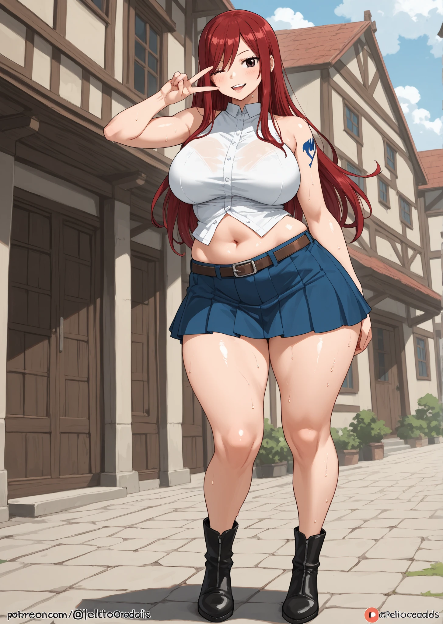 1 girl, very big breasts, very sexy body, 1 girl in, a smile, looks at the viewer, black shirt, super short white school miniskirt, full body, giant breasts, cleavage, giant breasts, heels, background in the mountains 1 girl , with big breasts. long legs QUEEN huge tits, (cleavage), high legs, (standing), sexy and muscular body. short skirt.4k hd