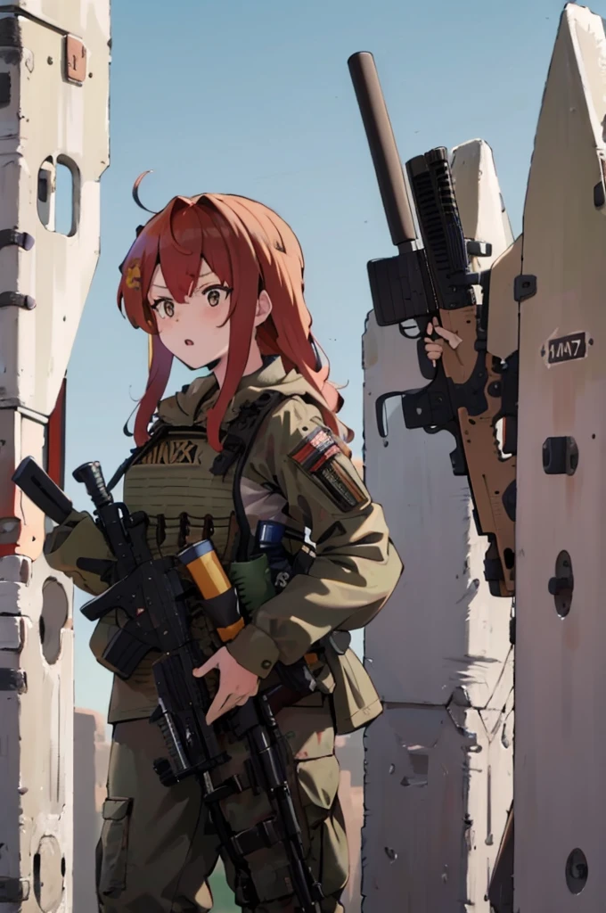 Slavic Girl. (masterpiece:1.2), (best quality:1.3), 1girl, framed from rear, sticking out butt, bending over, looking off, diesel-punk, Russian tanker uniform, soldier, sci-fi, hazmat, soviet, cosmonaut, big baggy sleeves, (red hair), (yellow eyes), (pony tail), (long bangs), (vibrant eyes), (large hips), (thick thighs)