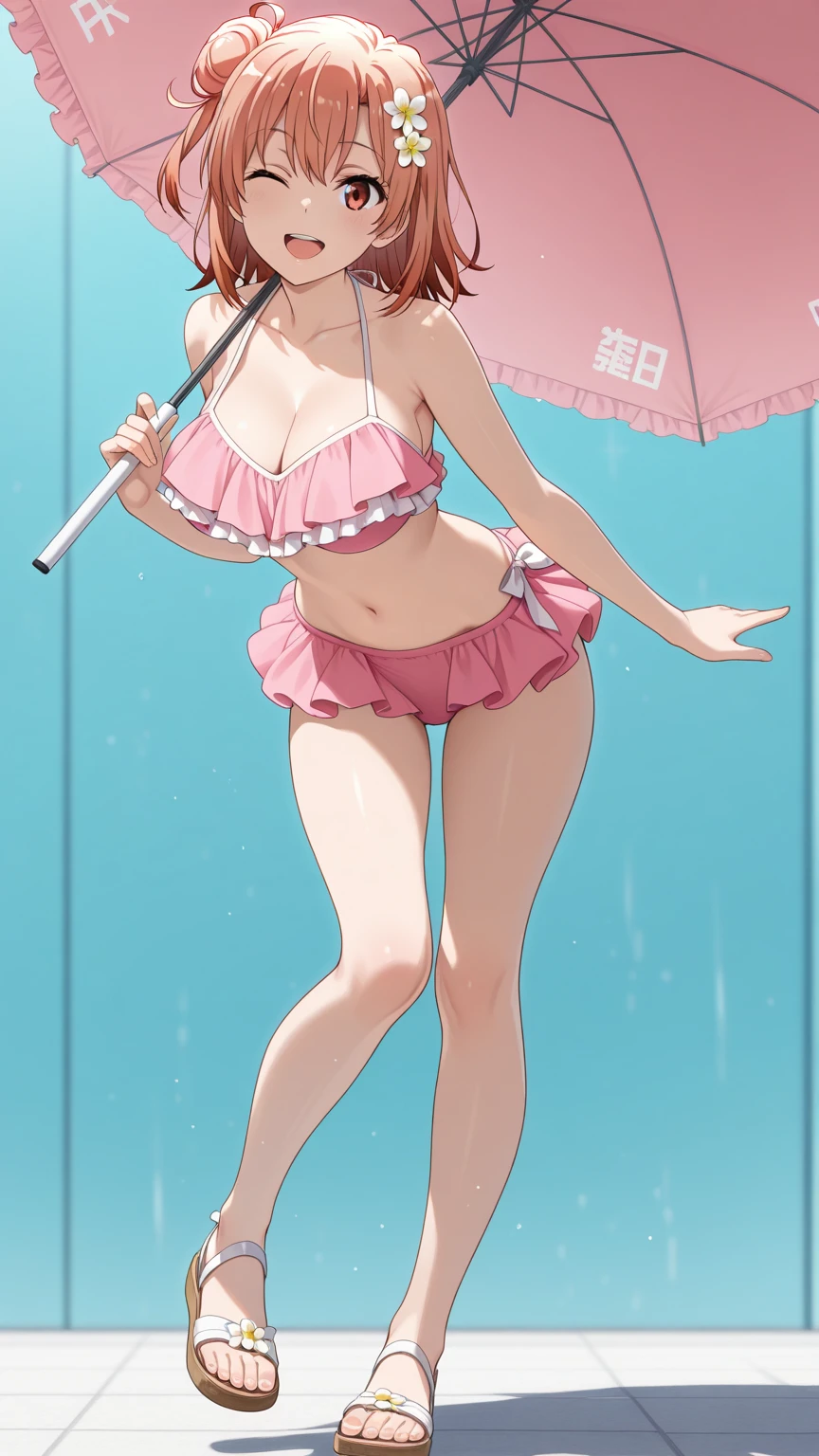 Bigboobs,cropped shoulders,Bikini swimsuit,High ponytail,Stand up,No shoes on,see-through raincoat