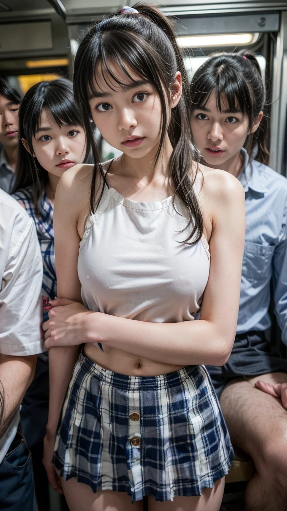 nsfw、highest quality、8K、masterpiece、ultra high resolution、clear pictures、super detailed、realistic pictures、Photoreal、professional lighting、Cinematography、pretty girl、National beautiful girl、idol sculpture、round face、very short hair、Super Slender、delicate body、small breasts、thin waist、( wearing school uniform)、whole body写真撮影、(Ride a crowded train、(Crowded car interior))、(High school girl being molested:1.6、High school girl being hugged from behind by a gentleman:1.6、High school girl in tears:1.4、High school girl having her breasts rubbed:1.4)、whole body