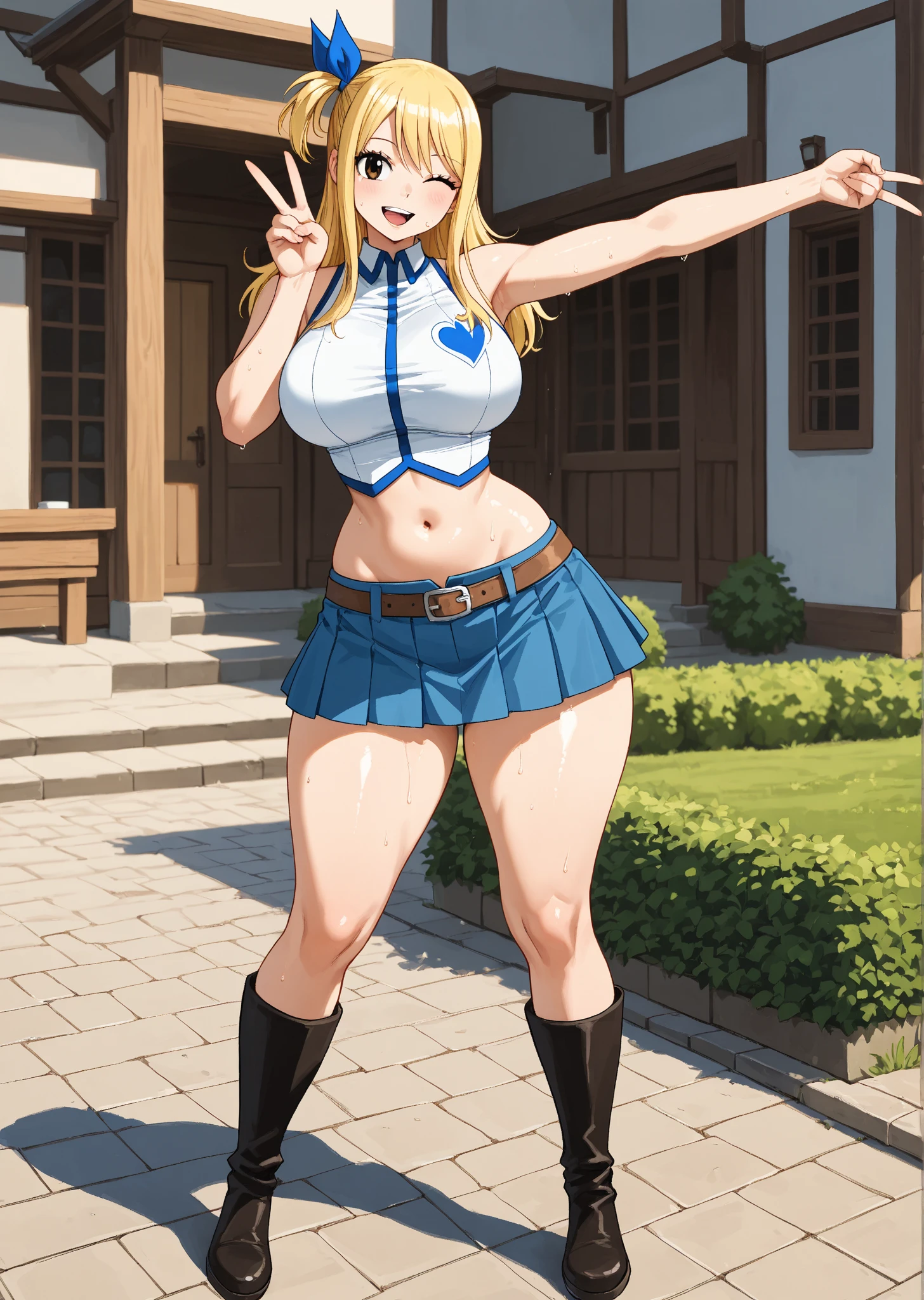 (masterpiece, best quality:1.3), Soso, 1girl, solo, looking at viewer, wide hips, mature female, closed mouth, seductive smile, large breasts, cowboy shot, thick thighs, <lora:add_detail:.45>, <lora:Soso Artstyle Lora:.85>, blonde hair, (light brown eyes), lucy heartfilia, long hair, white shirt, sleeveless, belt, blue skirt, midriff, <lora:lucy_heartfilia_v11:.8>, cleavage