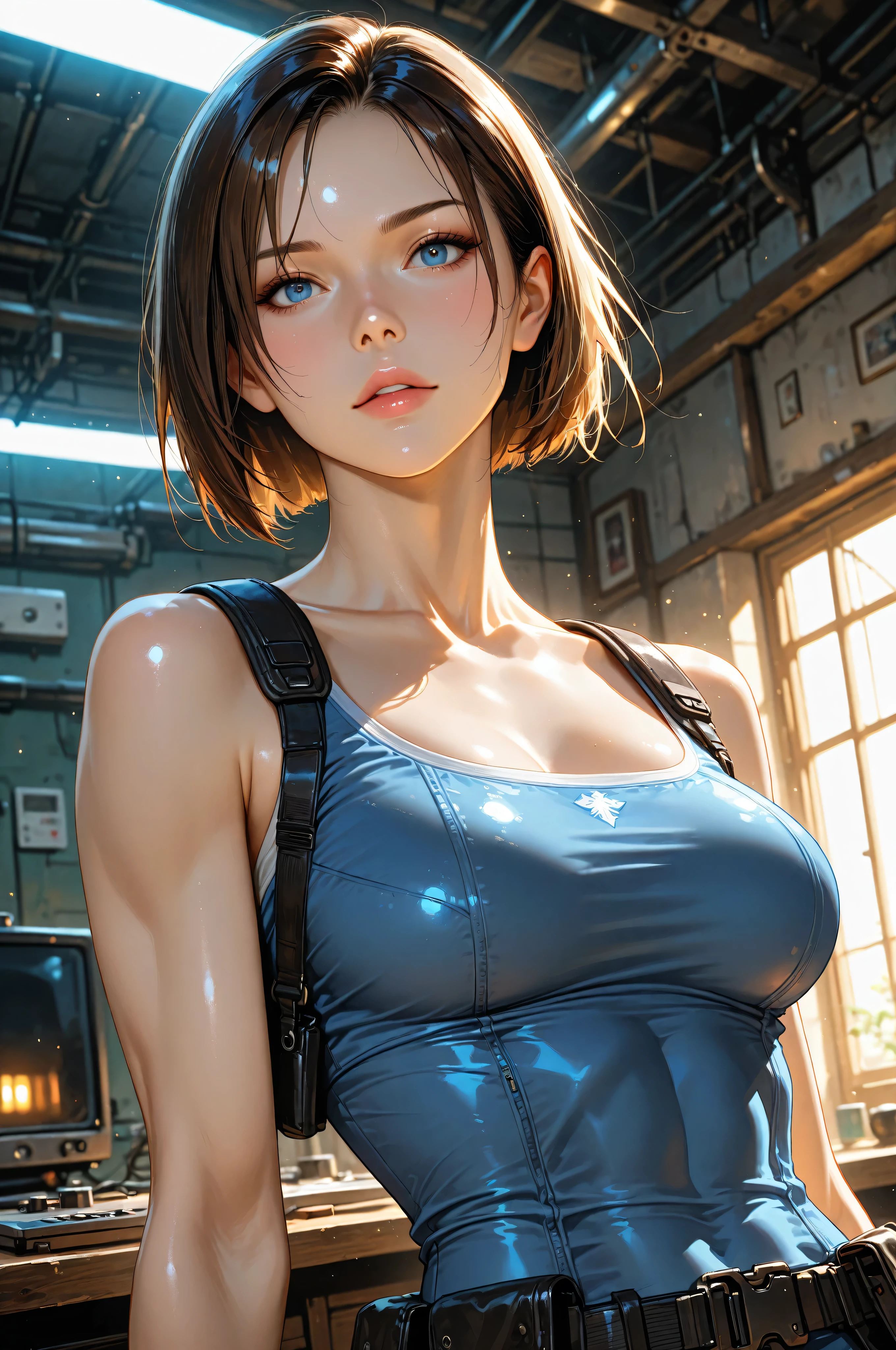 (cute  girl:1.5),(time in the End:1.4),(gape gigantic boobs:1.5) ,(shiny skin:1.4),(short glossy light brown hair:1.3)
(smile :1.2),(beautiful body:1.5),(metal shorts :1.3),(;lain white cotton T-shirt:1.5)