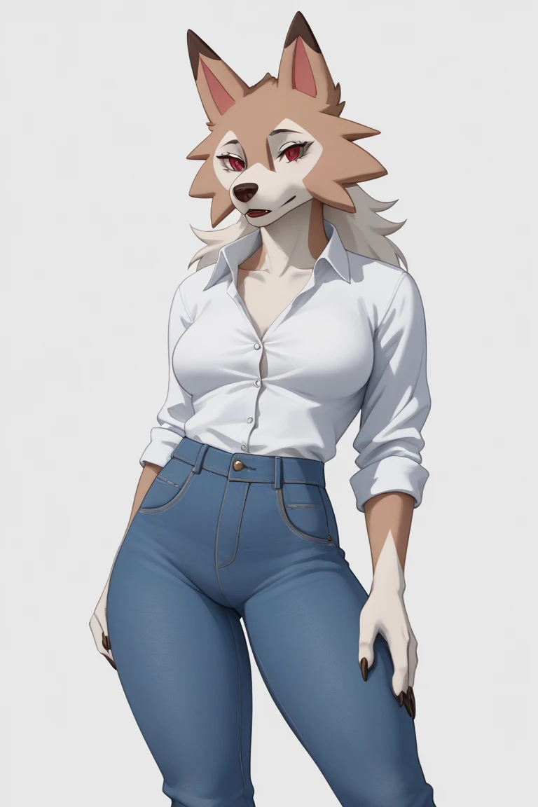 Loona from Helluva Boss, female wolf, anthro, mature adult, soft white short hair with ponytail, blindfolded, tall, muscular, white shirt, black cargo pants, black boots, solo, beautiful, high quality, precise, full body, anime style, 4K