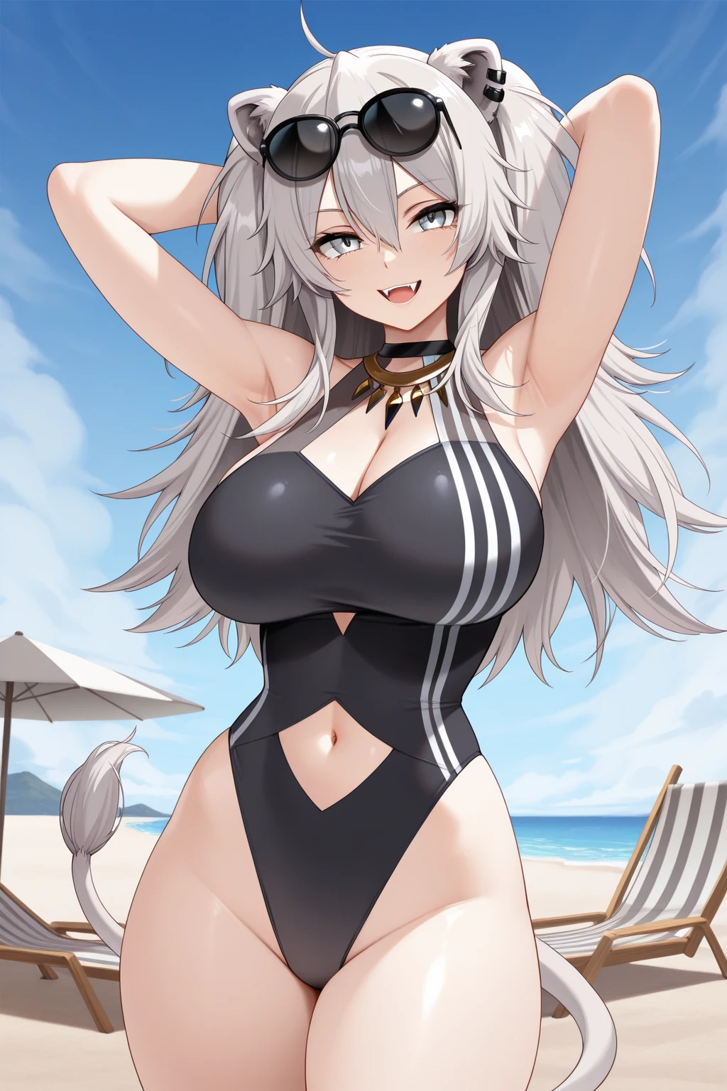 1girl, dark skin, dark-skinned female, one-piece swimsuit, competition swimsuit, white hair, yellow eyes, from behind, ass, happy, smile, large breasts, wide hips, thick thighs, pool, black swimsuit, white trim