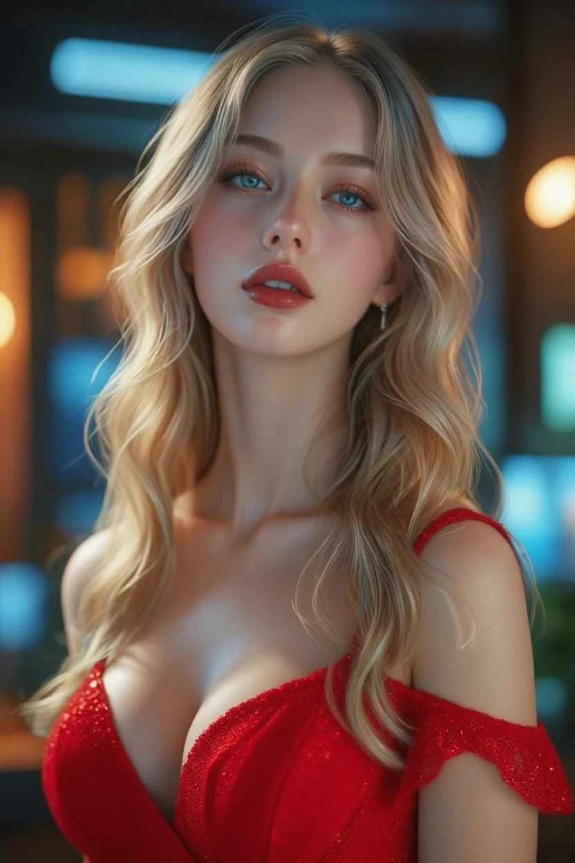 最high quality, masterpiece, High resolution, 1 girl,China dress,hair ornaments,necklace, jewelry,beautiful face,On top of that_body, Tyndall effect,realistic, dark studio, rim lighting, two-tone lighting,(high definition skin:1.2), 8K uhd, Digital single-lens reflex camera, soft lighting, high quality, volume lighting, Frank, photograph, High resolution, 4K, 8K, Bokeh, blonde hair,