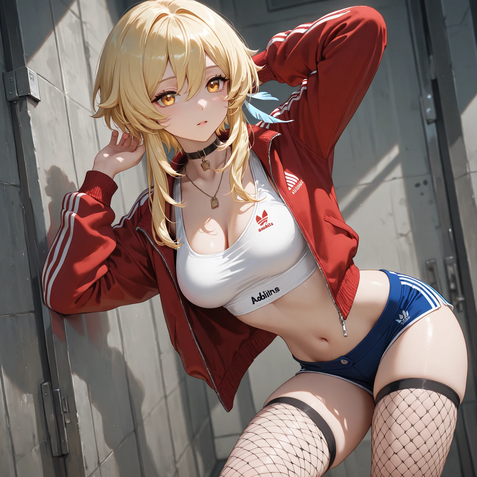 (Black bikini swimsuit), Kitagawa Marine, muscle, athlete, Flat Chest, One girl, Blonde Hair, Long Hair, Multicolored Hair, Red eyes, jewelry, Earrings, Earrings, Black choker, uhd, retina, masterpiece, ccurate, anatomically correct, textured skin, super detail, high details, high quality, best quality, highres, 4K