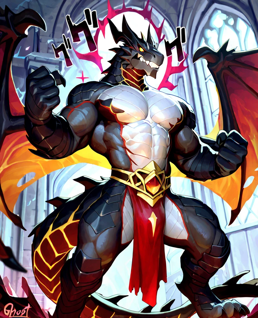 Huge muscles,,Devilish wings,Devilish horns,Showing off strength,black costume,Provocative look,Ready your weapon