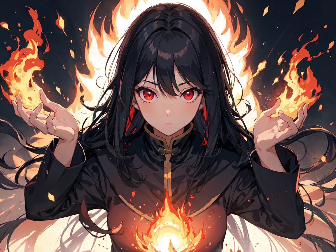 1girl, black hair, red eyes, fire witch, blood, light particles, light rays, wallpaper, high contrast, colorful,