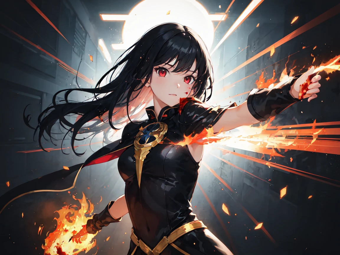 1girl, black hair, red eyes, fire witch, blood, light particles, light rays, wallpaper, high contrast, colorful,
