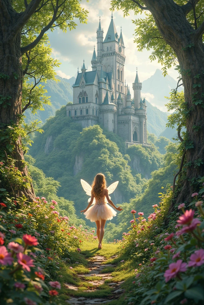 creates a Disney live-action magical world scene，Fantasy forest，Beautiful flower fairy，The grand ancient castle