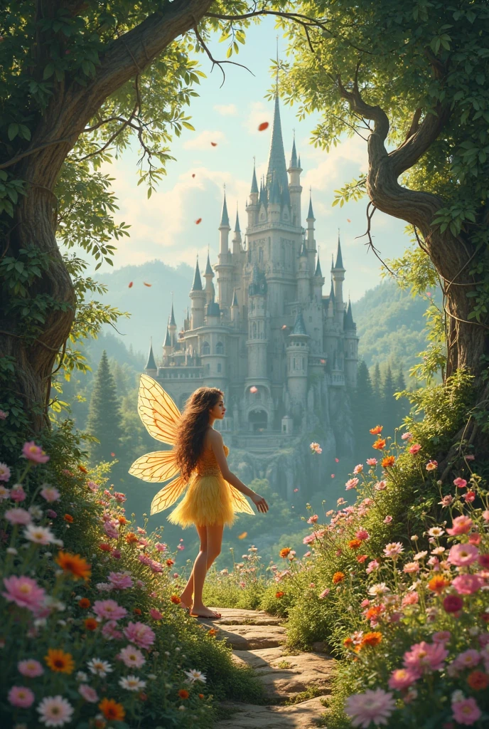 creates a Disney live-action magical world scene，Fantasy forest，Beautiful flower fairy，The grand ancient castle