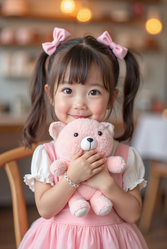 Sweet  cute girl，Pink baby face，Bright  bright eyes，Sweet smile，pink soft cute makeup，cute double ponytail hairstyle，Bow hair ornament，fresh light pink dress，Holding a stuffed animal，cozy coffee shop scene，Soft natural light，dreamy bubble gum tone，Girly