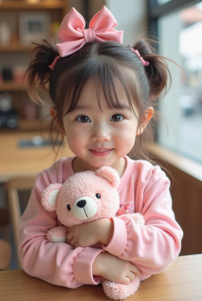 Sweet  cute girl，Pink baby face，Bright  bright eyes，Sweet smile，pink soft cute makeup，cute double ponytail hairstyle，Bow hair ornament，fresh light pink dress，Holding a stuffed animal，cozy coffee shop scene，Soft natural light，dreamy bubble gum tone，Girly