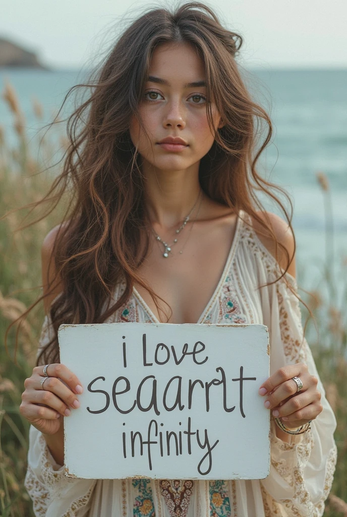 a beautiful girl with long wavy hair，wearing a bohemian dress，holding a white board with the words “I Love SeaArt Infinity” written on it，Also show the audience