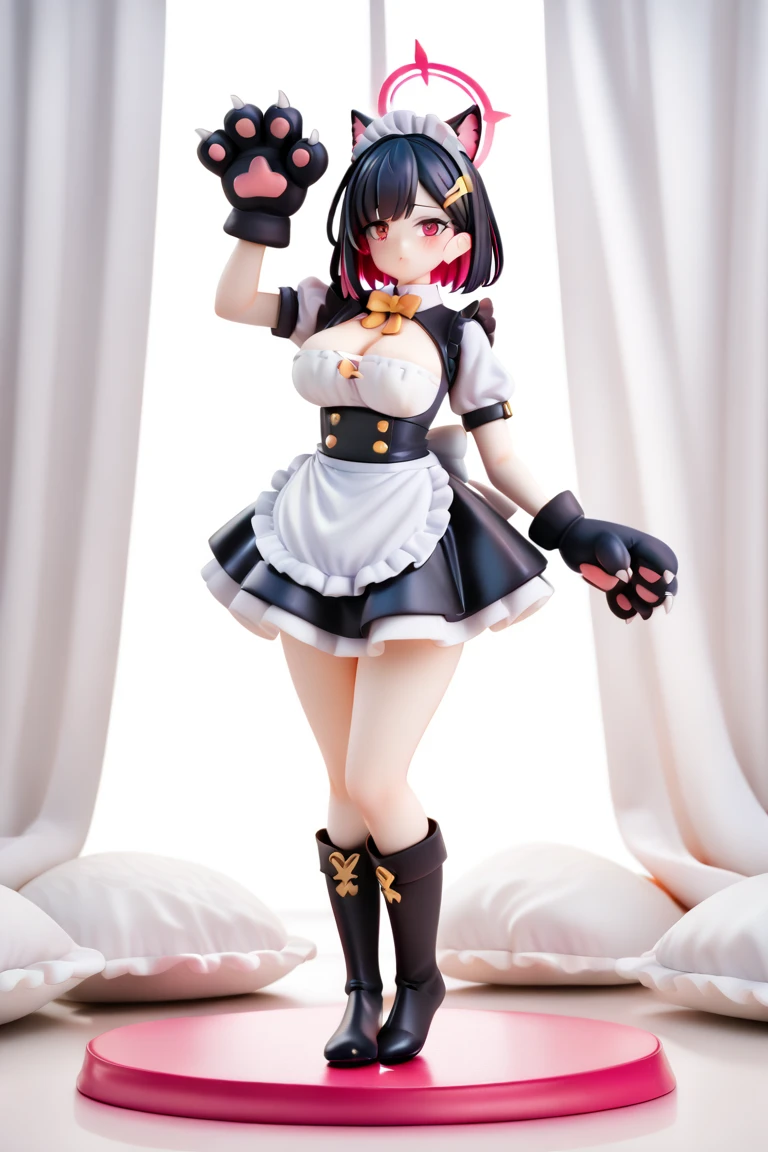 1 girlirl,Solo,colored inner hair,animal ears,Over-the-knee boots,Animal hands,dark-haired,aprons,cat ear,halo,coda,gloves,maid headdress,looking at the audience,paw gloves,nedium breasts,short hair,Colorful hair,cat coda,black Over-the-knee boots,dress,pink hair,maid,sitted,red eyes,short- sleeved,hair accessories,spare clothing,white background,Blushlush,two tone color hair,black dress,Yokozza,no shoes in the bedroom,By bangs,hair pin,Simple Background,frilld,cleavage,maid aprons,medium nedium breasts,enmaided,Full body,white aprons,cleavage cutout,extra ears,cat paws,frilled aprons,puff sleeves,upper legs,bow,neck bowtie,puffy short- sleeved,clothing cutout