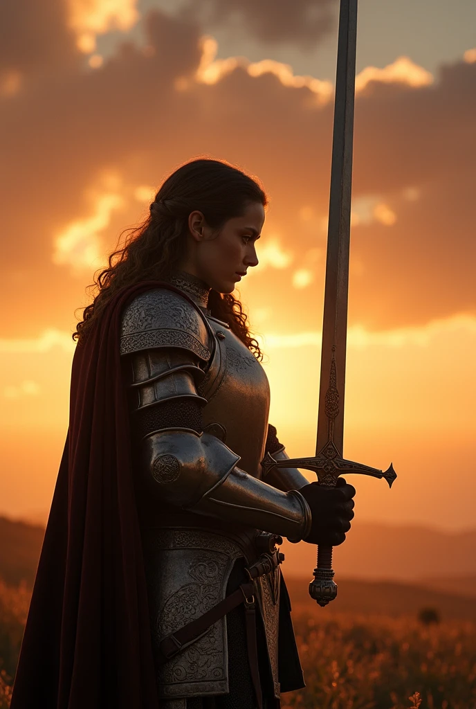 A young knight polishes his sword at sunset, The sky behind her is covered with golden clouds. Her armor shines when she stops to think. fantasy-realism, Dramatic lighting, Highly detailed metalwork, 8k storytelling frame.