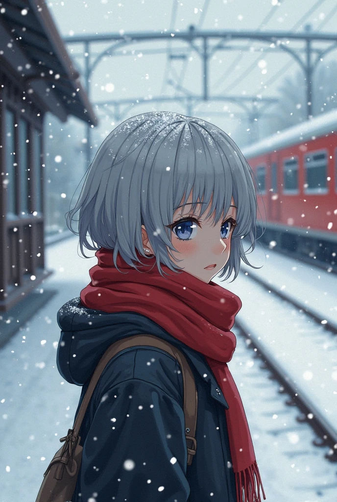 A girl with silver hair and a red scarf stands on a snow-covered train platform, As a distant train approaches，Snowflakes fall on her eyelashes. The picture is full of film feeling, Deeply emotional, ，Full of a sense of farewell. Painted with digital watercolors，With a slight anime influence, Rim lighting on the scarf, Atmospheric snowfall depth. masterpiece, Moody winter tones, High-fidelity rendering.