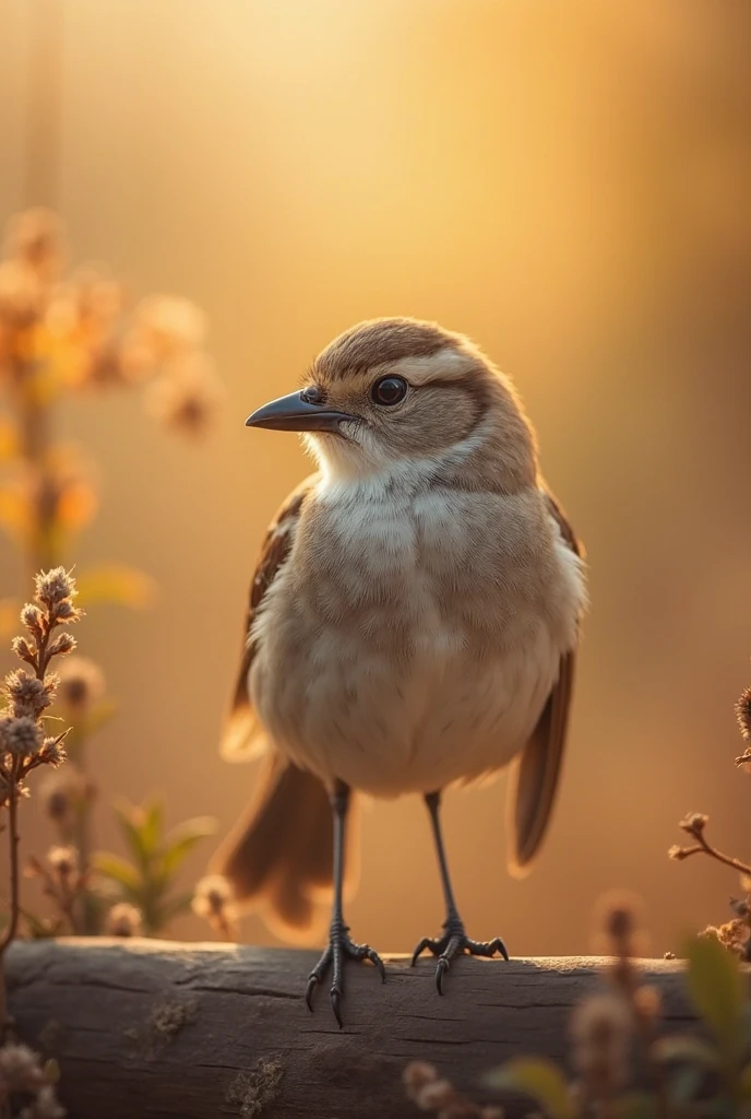 A charming close-up photo,shows a beautiful bird,illuminated by soft golden light on a quiet morning,with a bokeh ball gently framing its petite body