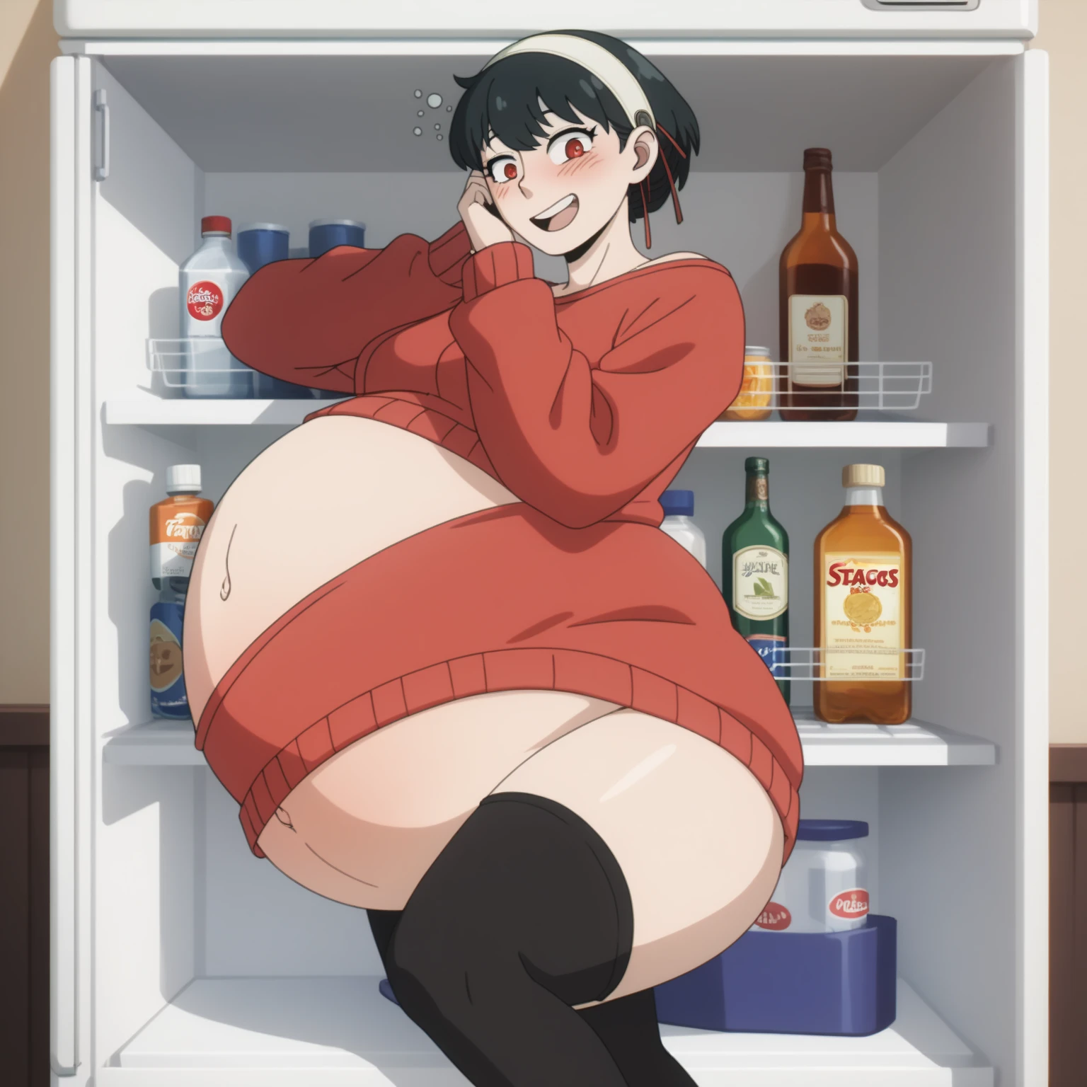 very fat, large belly, big fat belly, sitting grabbing belly, fat belly, huge, fat thighs, big stomach, overweight, thicc, chubby, chubby belly, restaurant, shocked, fat, huge belly, obese, short hair, Christmas, sweater, holiday, Christmas decorations, cookies, fat, Makoto Nijima