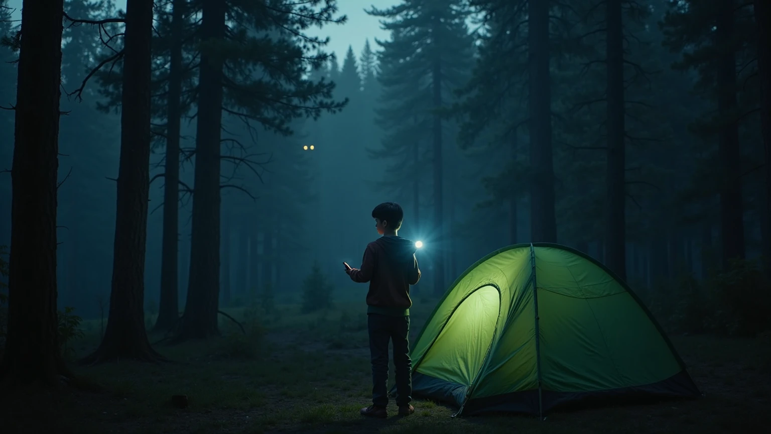 Boy looking at the stars in the forest with a travel backpack