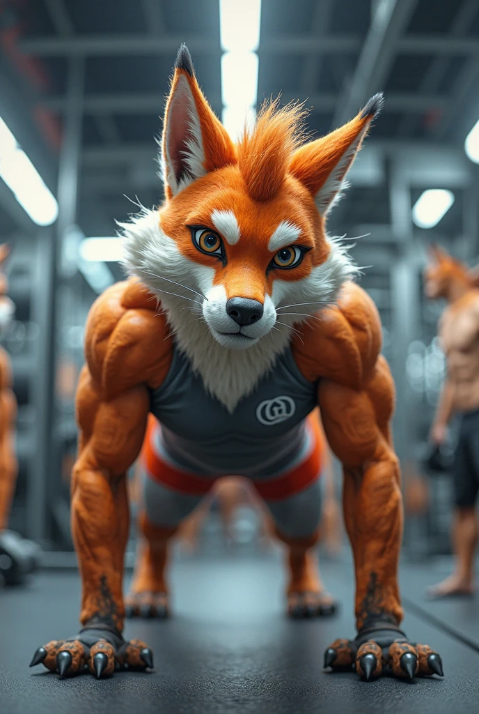 4k, high resolution, best quality, perfect colors, perfect shadows, perfect lighting, posted on e621, (by Chunie, by canyne khai, by t.y.starale), male, adult, furry, fox anthro, orange fur, light brown eyes, (Realistic eye details 1.2), back gym wear, in the gym, Full body like, Slim body, V0id3nergy, Masterpiece, dramatic lighting, soft lighting, day, highly detail, Hair coiled, perfect male figure, Detailed fur, Detailed face, Perfect face, Detailed background, (Complex), (Super Detail), (Ultra Clear), (Best Quality)