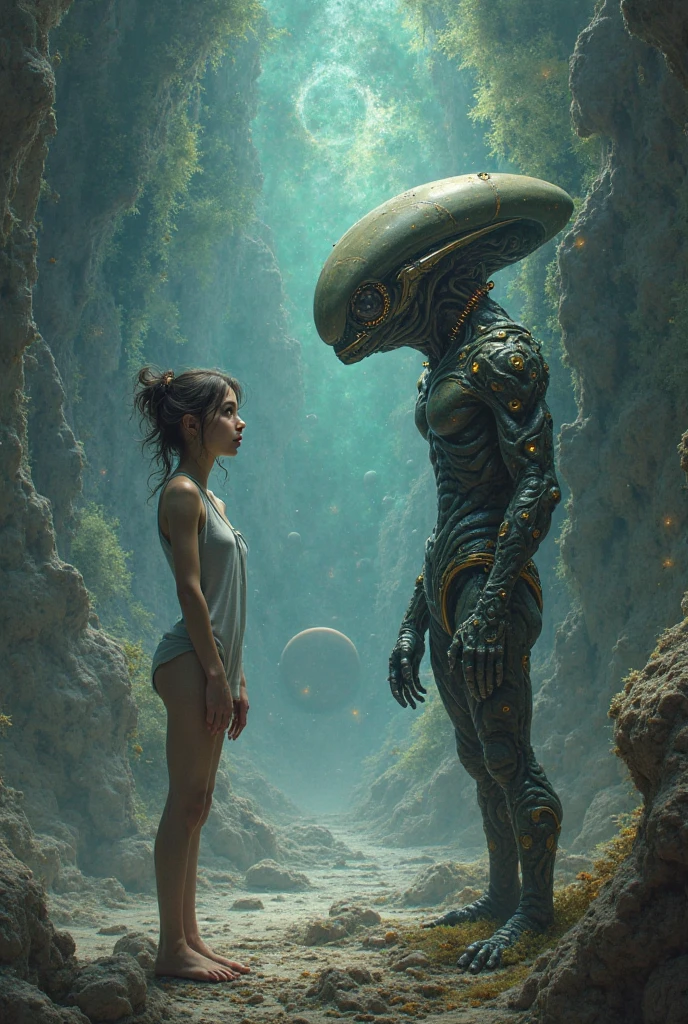 close-up, full length,absolutely naked 17 years girl near the alien humanoid man from another planet , flirt,sexy, ultra high quality detailing