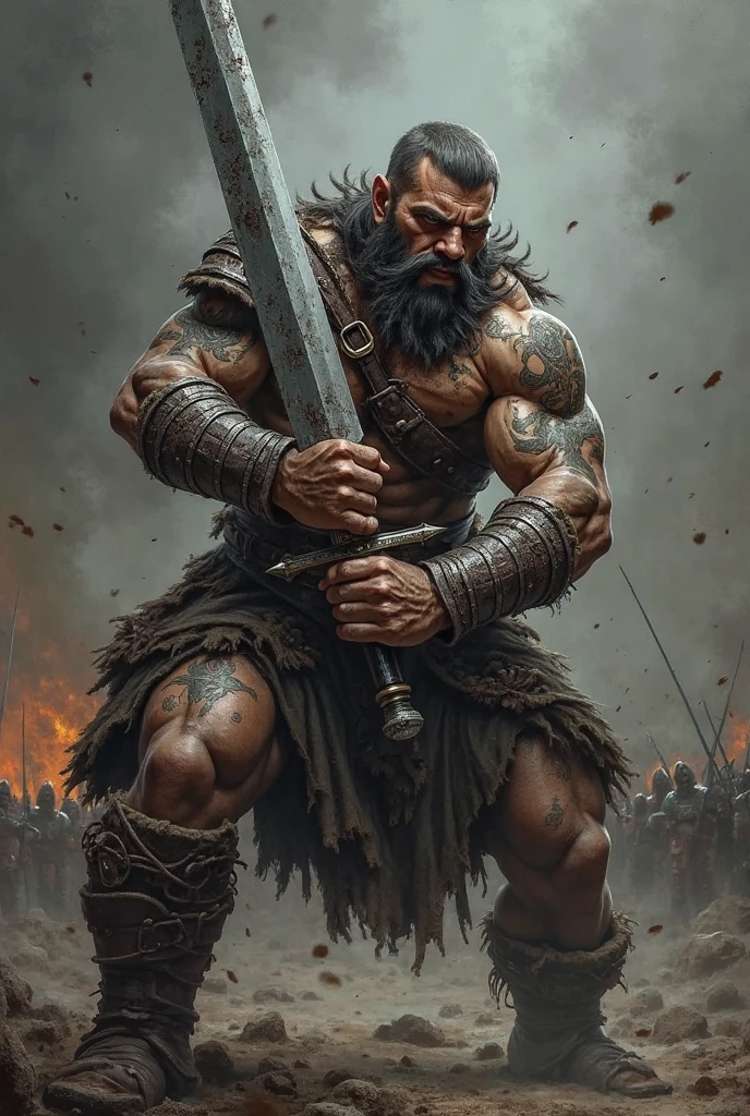 A hostile long hair and bearded mad berserker holding a war axe and shouting for war, covered in blood, fierce and masculine.