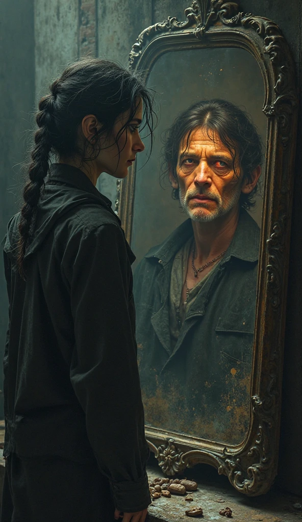 Drawing of a person looking in the mirror and seeing another person reflected, symbolizing self-discovery through others