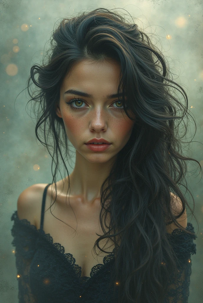 arafed woman in a black dress with cat ears and a black dress, curly dark hair, black long curly hair, long black curly hair, long dark curly hair, with haunted eyes and curly hair, curly black hair, black curly hair, long wild black curly hair, long curly black hair, soft portrait shot 8 k, long curly hair intricate