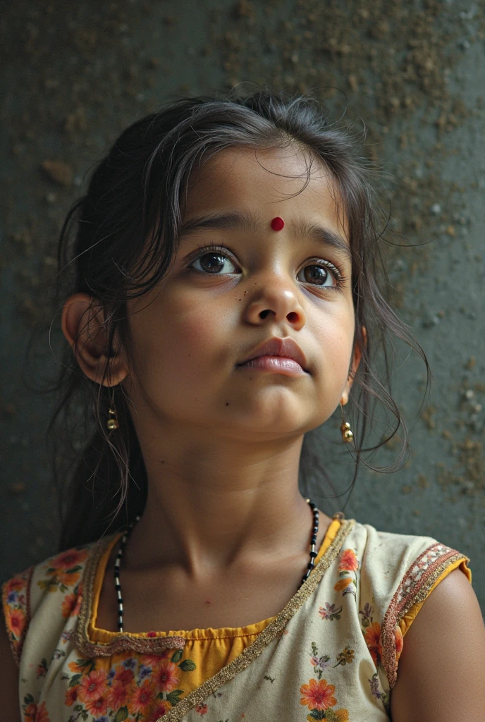 "Help young lives affected by the floods in Bangladesh. Your support can bring hope and relief to children like her. Donate now to make a difference." (Concrete dark room)、 ((Face close-up))