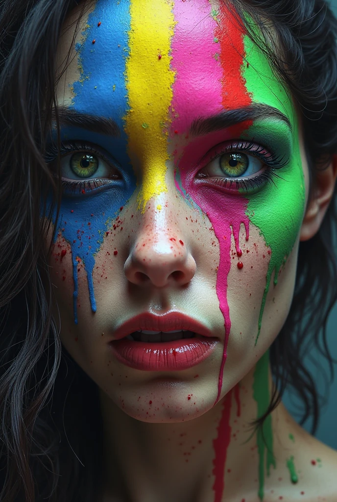 a close up image of a person with a face on a screen, Face dipped in colorful oils, face melting into the universe, face melting, colorful human head melting, beautiful acrylic fluid portrait, dripping color, vibrant colors hyper realism, CMYK Portrait, Psychedelic surrealist art, dripping psychedelic colors, intricate sad heterochromatic, psychedelic painting, face melting