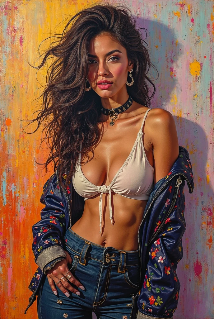 In an artsy loft filled with abstract artwork, the hippie spy interrogates a suspect. Her bohemian attire and attractive features contrast with the tension of the moment.. The vibrant colors of the paintings in the background and the soft lighting create an intriguing setting., emphasizing its enigmatic and seductive aura.
